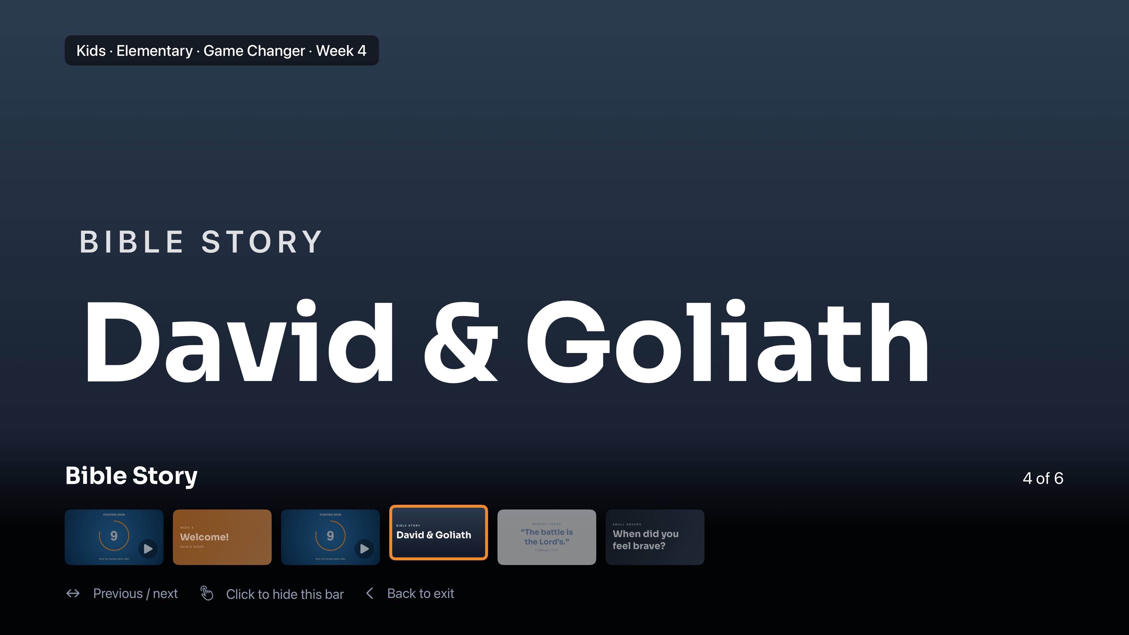 The player on a TV showing a Bible Story slide titled David and Goliath, with the slide bar open: a filmstrip of six slides, 4 of 6, and hints for previous and next, hiding the bar, and Back to exit.